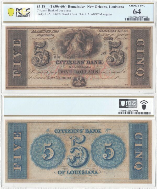 1850's-60's $5 New Orleans, Louisiana PCGS Choice UNC-64