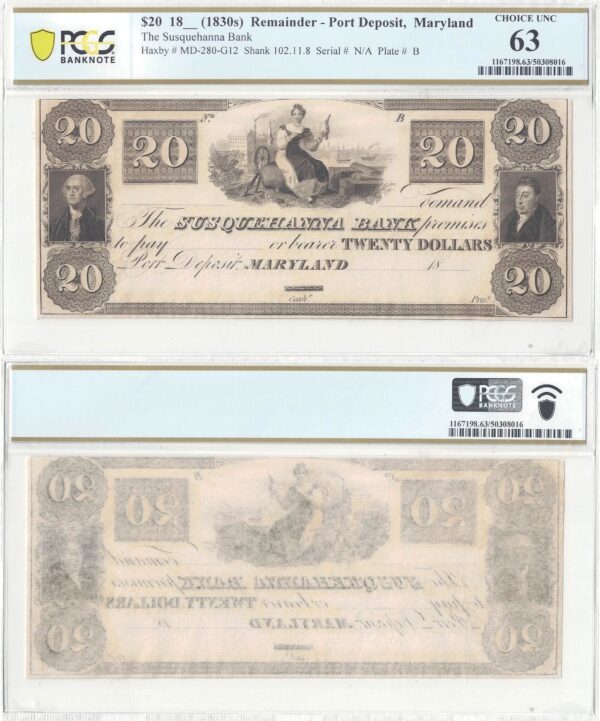 1830's $20 Port Deposit, Maryland PCGS Choice UNC-63