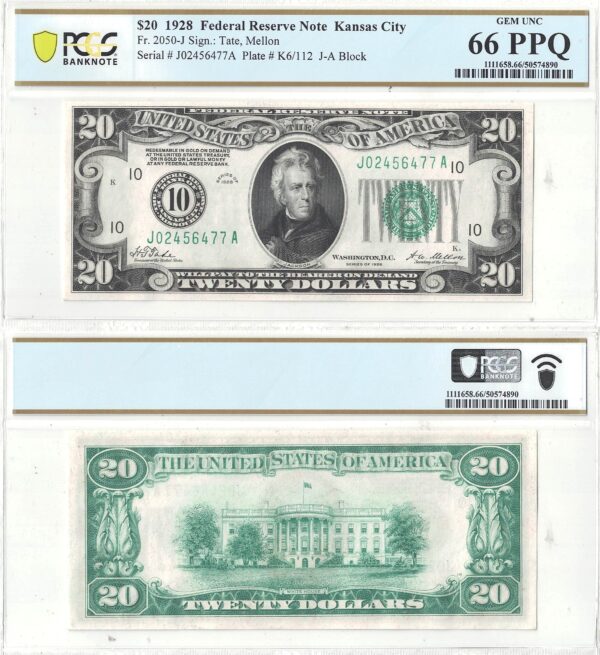 1928 $20 Federal Reserve Note Fr-2050-J PCGS Gem CU-66 PPQ