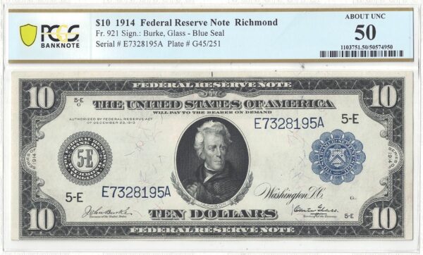 1914 $10 Federal Reserve Note FR-921 PCGS-50 - Image 2