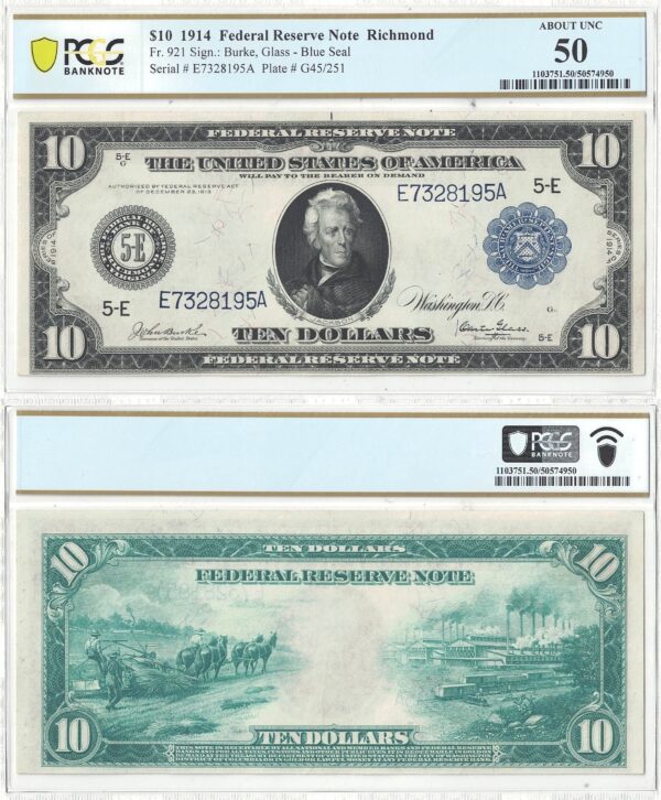 1914 $10 Federal Reserve Note FR-921 PCGS-50