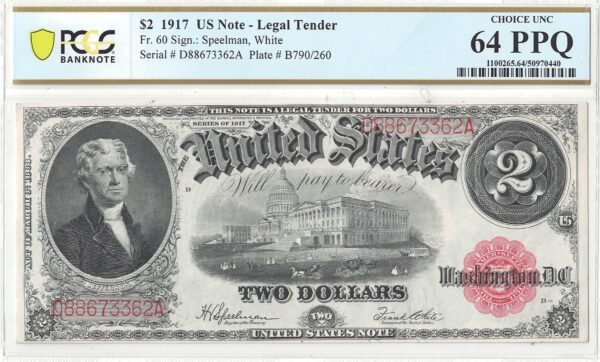 1917 $2 Legal Tender Note Fr-60 PCGS-64 PPQ - Image 2