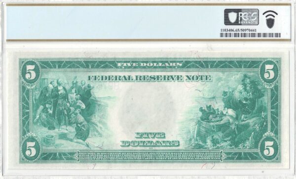 1914 $5 Federal Reserve Note Fr-851c PCGS Gem CU-65 PPQ - Image 3