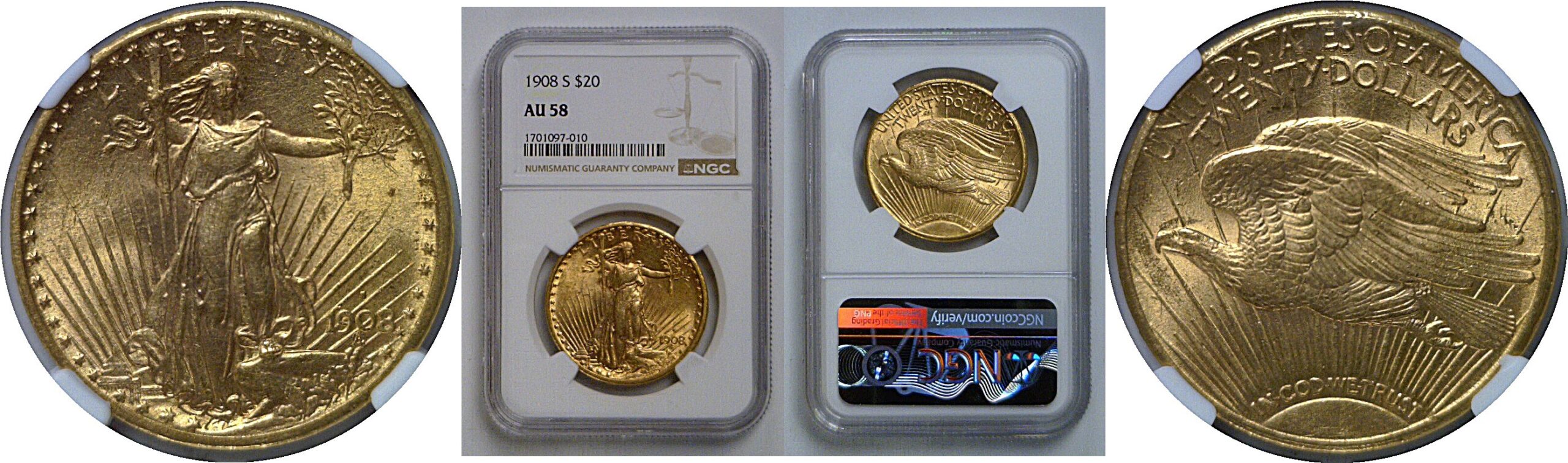 1908-S  $20 St. Gaudens     NGC AU-58