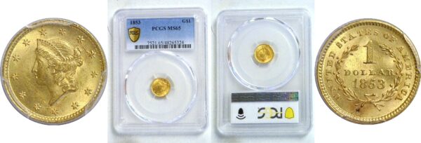 1853 One Dollar Gold Coin. -  PCGS MS-65