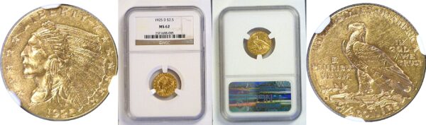 1929年 $2.5 インディアンヘッド金貨 MS 62 NGC認証