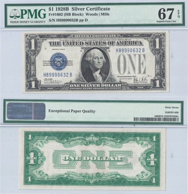 1928-B $1 Silver Certificate Fr-1602 PMG Superb CU-67 EPQ