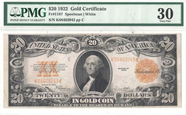 1922 $20 Gold Certificate Fr-1187 PMG-30 - Image 2