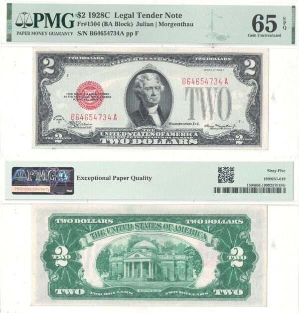 1928-C $2 Legal Tender Fr-1504 PMG Gem CU-65 EPQ