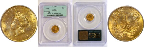 1855 One Dollar Gold Coin  -  PCGS MS-64