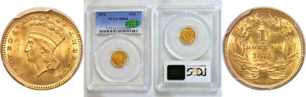 1874 One Dollar Gold Coin  -  PCGS MS-64  CAC