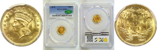 1874 One Dollar Gold Coin  -  PCGS MS-63  CAC