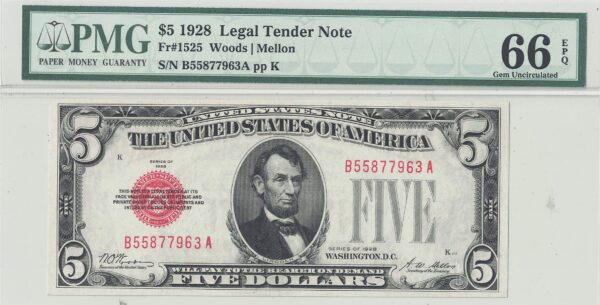 1928 $5 Legal Tender Note Fr-1525 PMG Gem CU-66 EPQ - Image 2