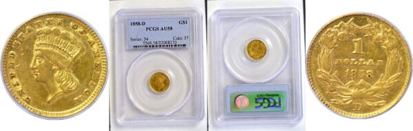 1858-D One Dollar Gold Coin   -   PCGS AU-58