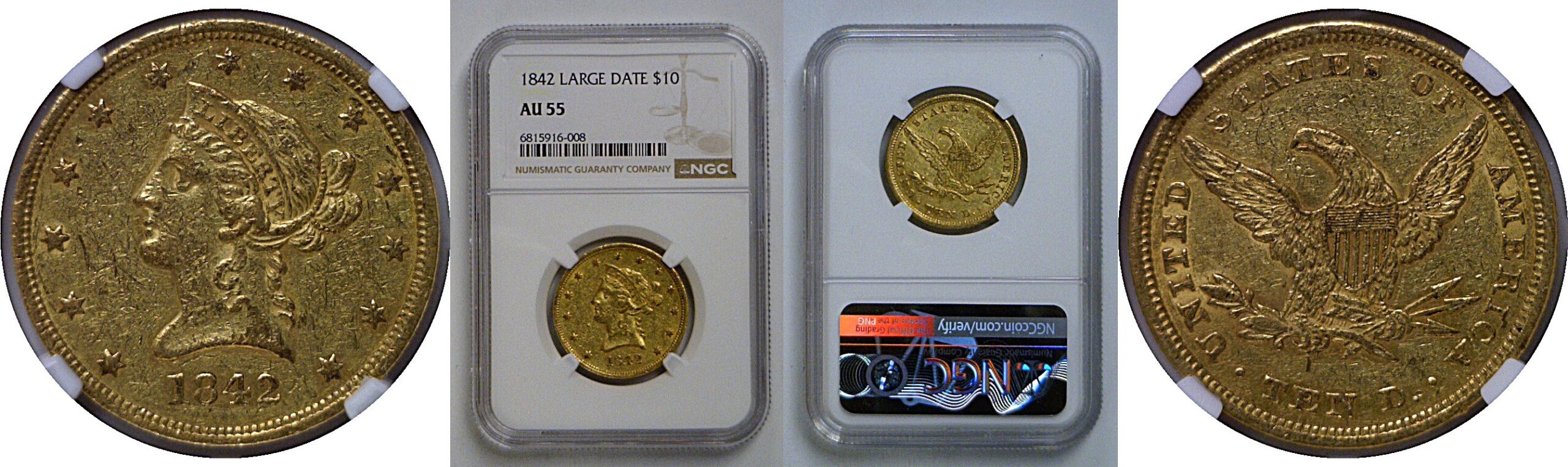 1842 $10 Liberty    NGC AU-55