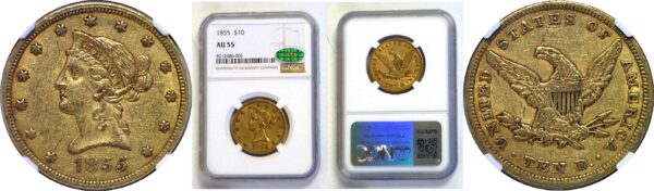 1855 $10 Liberty  -  NGC AU-55   CAC