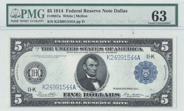 1914 $5 Federal Reserve Note Fr-887a PMG Choice CU-63 - Image 2