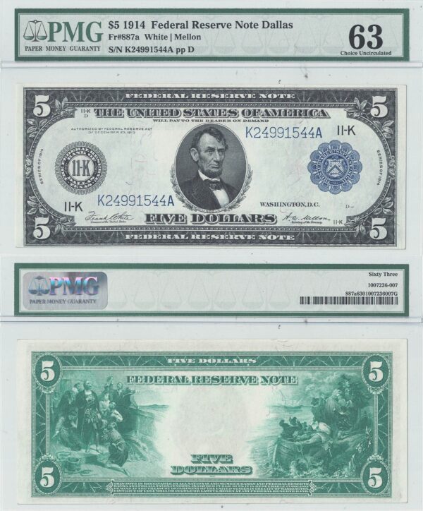 1914 $5 Federal Reserve Note Fr-887a PMG Choice CU-63