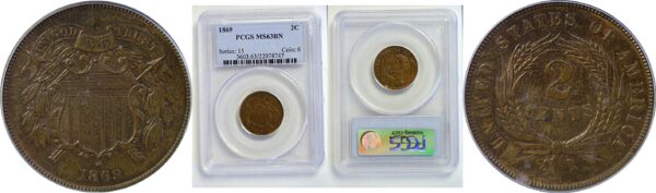 1869 Two Cent Piece  -  PCGS MS-63 BN