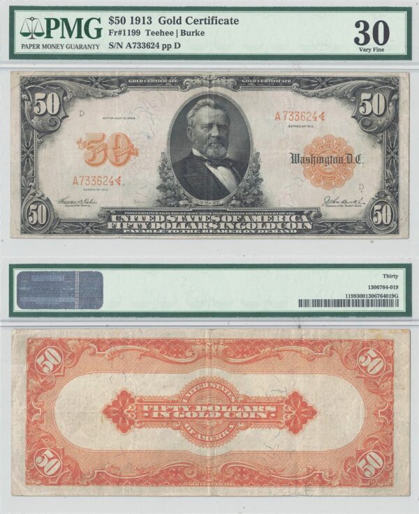 1913 $50 Gold Certificate Fr-1199 PMG VF-30