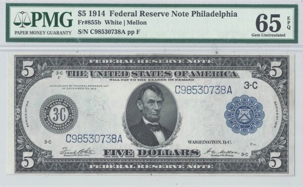 1914 $5 Federal Reserve Note Fr-855b PMG Gem CU-65 EPQ - Image 2