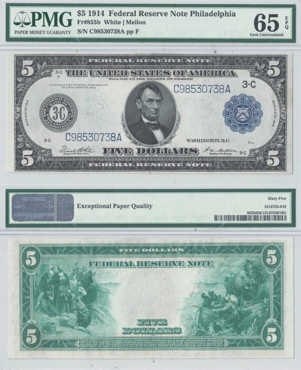 1914 $5 Federal Reserve Note Fr-855b PMG Gem CU-65 EPQ