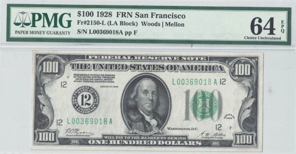 1928 $100 Federal Reserve Note Fr-2150-L PMG Choice CU-64 EPQ - Image 2