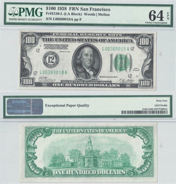 1928 $100 Federal Reserve Note Fr-2150-L PMG Choice CU-64 EPQ