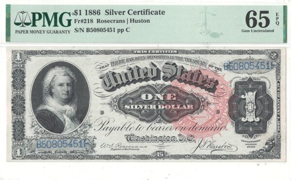 1886 $1 Silver Certificate Fr-218 PMG Gem CU-65 EPQ - Image 2