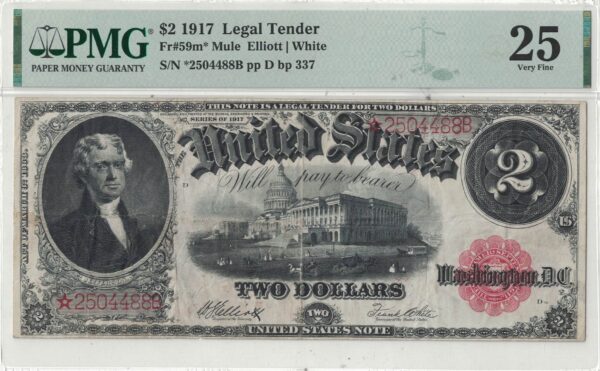 1917 $2 Legal Tender Star Note Mule Fr-59m* PMG VF-25 - Image 2