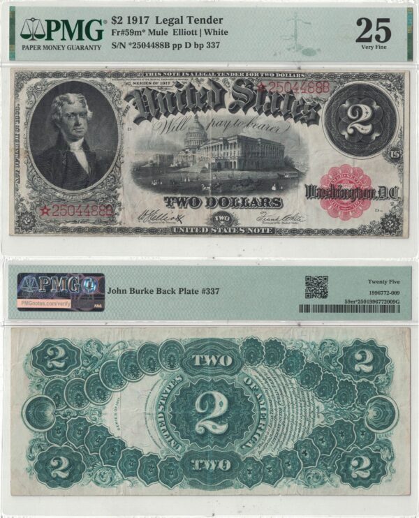1917 $2 Legal Tender Star Note Mule Fr-59m* PMG VF-25