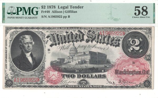 1878 $2 Legal Tender Note Fr-48 PMG AU-58 - Image 2