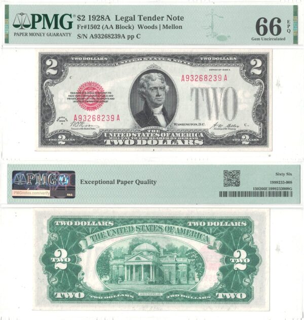 1928-A $2 Legal Tender Note Fr-1502 PMG Gem CU-66 EPQ