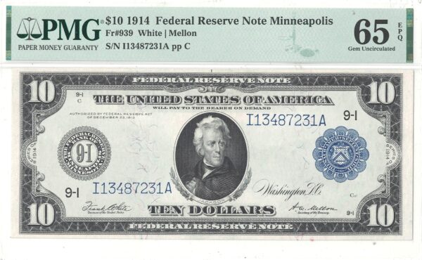 1914 $10 Federal Reserve Note Fr-939 PMG Gem CU-65 EPQ - Image 2
