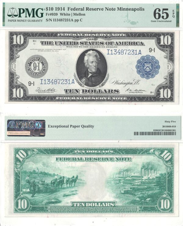 1914 $10 Federal Reserve Note Fr-939 PMG Gem CU-65 EPQ