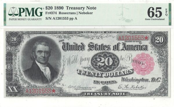 1890 $20 Treasury Note Fr-374 PMG Gem Uncirculated-65 EPQ - Image 2