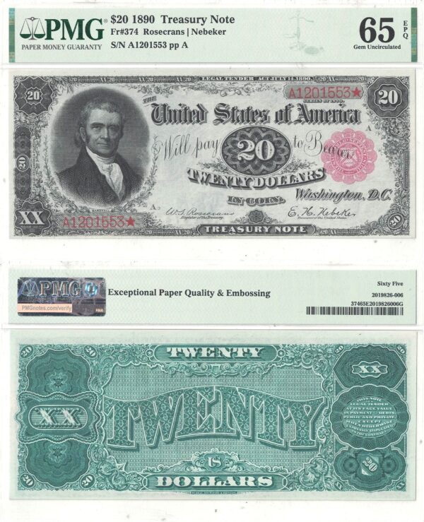 1890 $20 Treasury Note Fr-374 PMG Gem Uncirculated-65 EPQ