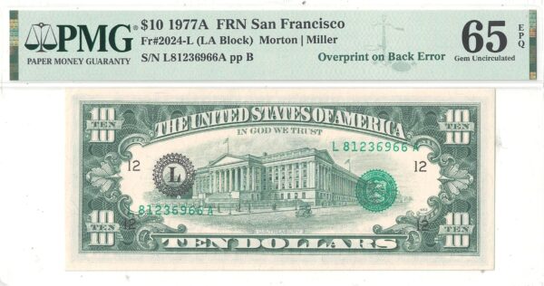 1977-A $10 Federal Reserve Note Overprint on Back Error PMG CU-65 EPQ - Image 2