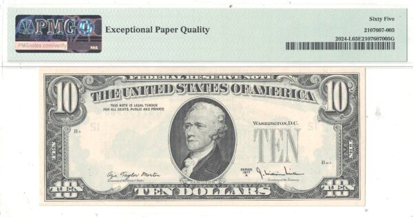 1977-A $10 Federal Reserve Note Overprint on Back Error PMG CU-65 EPQ - Image 3