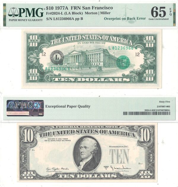 1977-A $10 Federal Reserve Note Overprint on Back Error PMG CU-65 EPQ