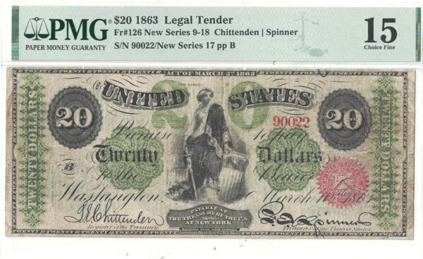 1863 $20 Legal Tender Fr-126 PMG Choice F-15 - Image 2