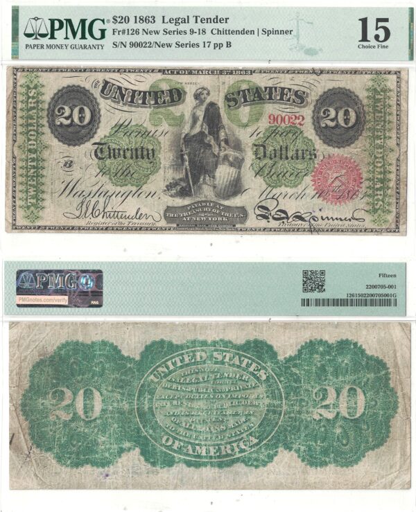 1863 $20 Legal Tender Fr-126 PMG Choice F-15