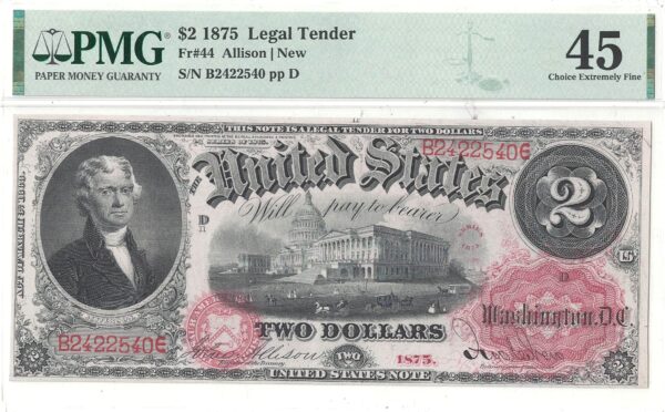 1875 $2 Legal Tender Note Fr-44 PMG XF-45 - Image 2