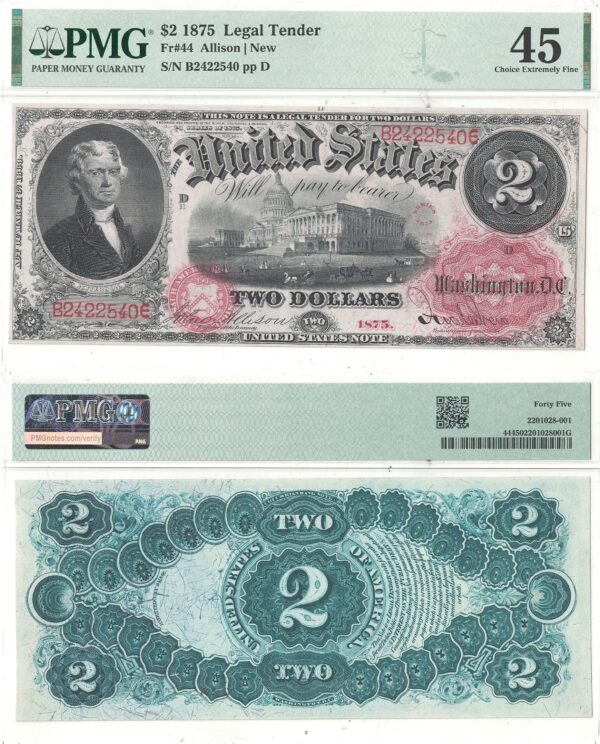 1875 $2 Legal Tender Note Fr-44 PMG XF-45