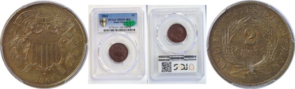 1864 Small Motto.  Two Cent Piece   -   PCGS MS-65+  CAC