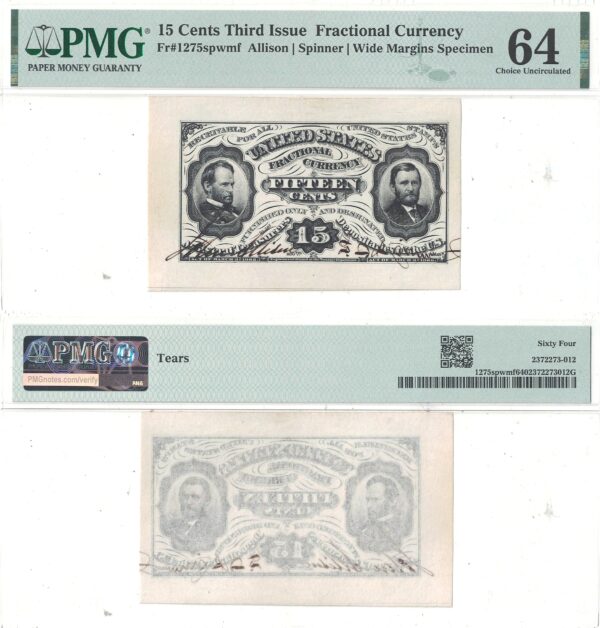 15 Cent 3rd Issue Fractional Currency Fr-1275spwmf Wide Margins Front PMG Choice CU-64