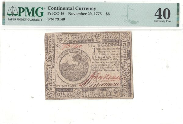 11/29/1775 Six Dollars Continental Currency Fr CC-16 PMG XF-40 - Image 2