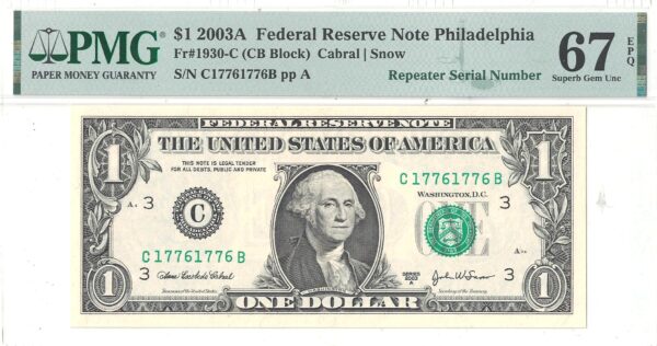 2003-A $1 Federal Reserve Note Fr-1930-C Repeater PMG Superb-67 EPQ - Image 2