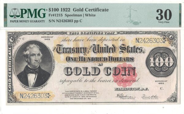1922 $100 Gold Certificate Fr-1215 PMG VF-30 - Image 2