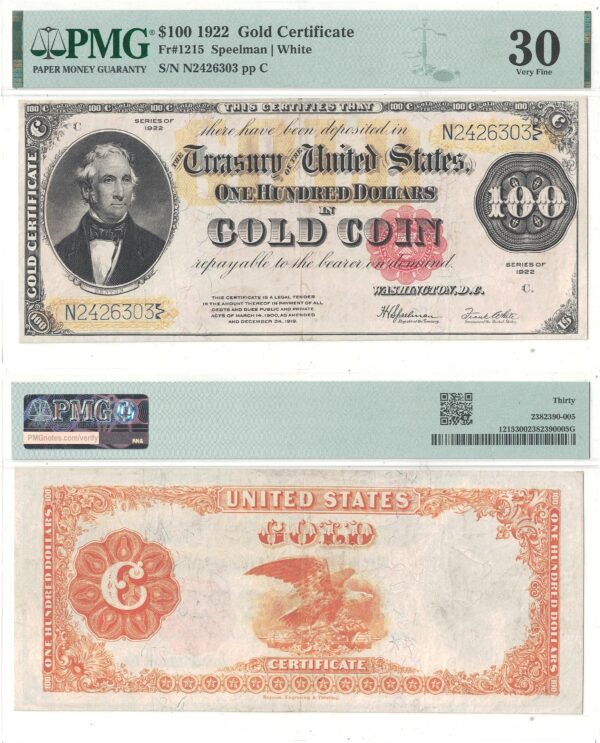 1922 $100 Gold Certificate Fr-1215 PMG VF-30